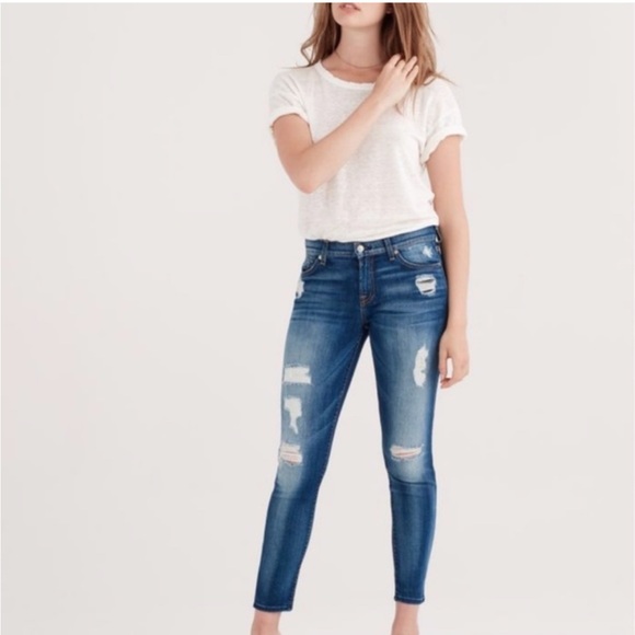 7 For All Mankind Dark Blue Distressed the ankle Skinny Jeans - Picture 1 of 7